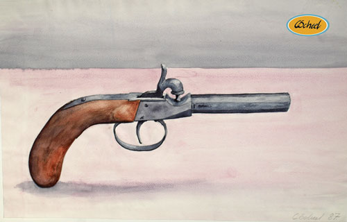 Charlotte Scheel akavarel water color antik pistol antique gun
