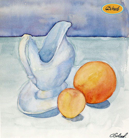 Charlotte Scheel akvarel opstilling nature morte water color appelsin orange