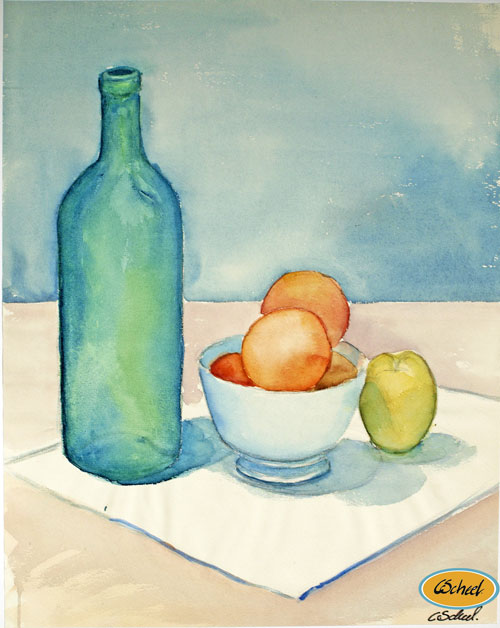 Charlotte Scheel akvarel opstilling nature morte water color