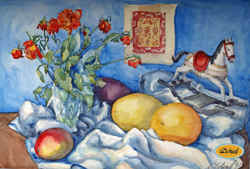 Charlotte Scheel akvarel opstilling nature morte water color