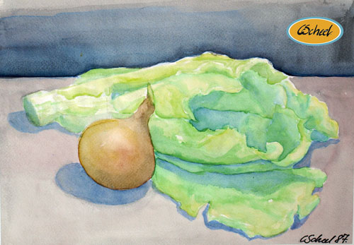 Charlotte Scheel akavarel water color salat og løg salad and onion