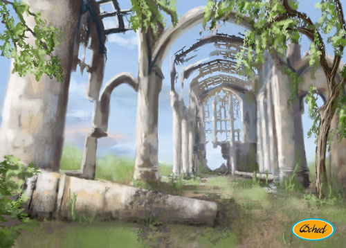 Charlotte Scheel gameart game art koncept kunst concept art church ruins