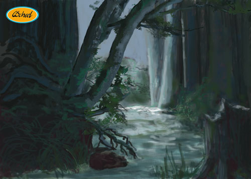 Charlotte Scheel gameart game art koncept kunst concept art woods forrest skov træer å bæk river 