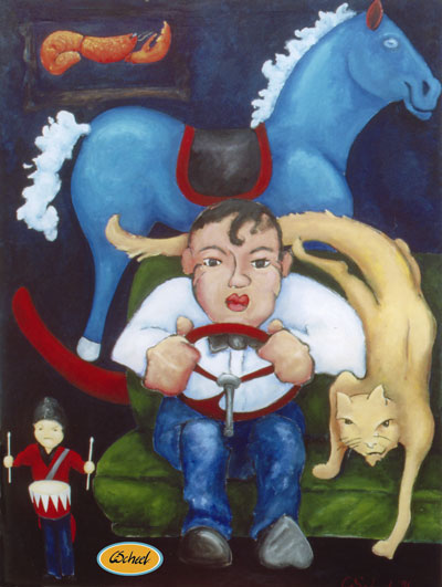 dreng sur gyngehest boy mad stearing wheel rat symbolistisk kunst symobolic art