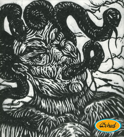 linocut linoliumstryk medusa medusas head